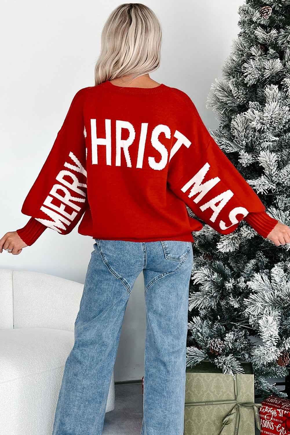 Fiery Red MERRY CHRISTMAS HO HO HO Drop Shoulder Loose Sweater 8444d06e474d183a