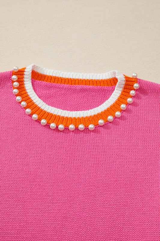Pearl Contrast Trim Crewneck Drop Shoulder Sweater 846d993d-6415-49d3-8071-a4440e209c5d