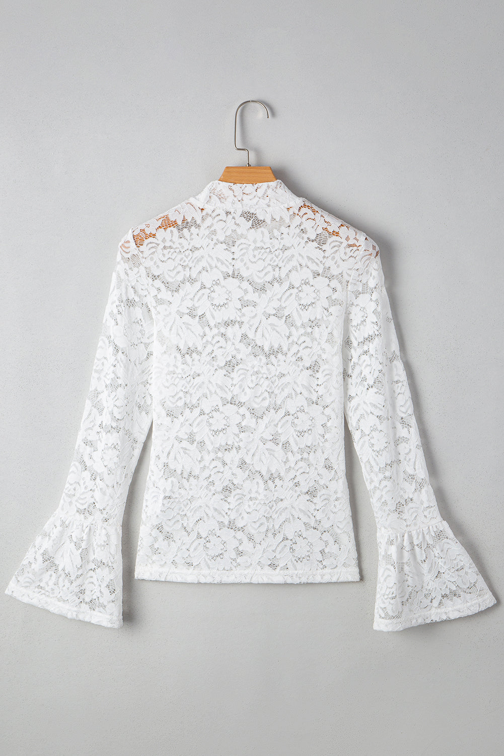 White Lace Crochet Bell Sleeve Mock Neck Blouse 848a6d76936aecbb