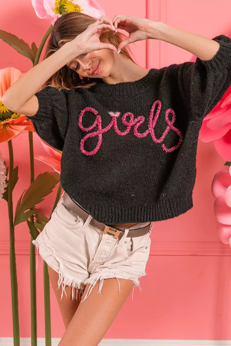 BiBi Metallic Letter Short Puff Sleeve Hairy Sweater 848e2509-2486-4a5e-8eee-114440784d89-Max-Origin