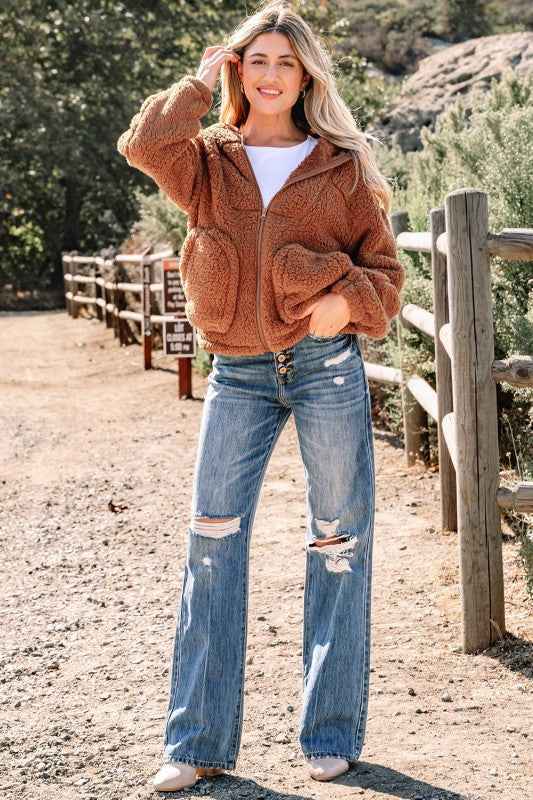 Solid Sherpa Fleece Zip Up Hooded Jacket