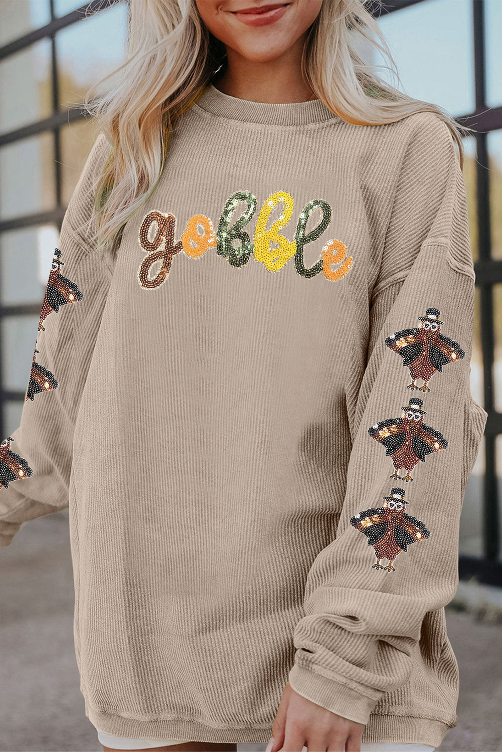 Smoke Gray gobble Turkey Sleeve Sequins Patch Corded Baggy Sweatshirt 85190a17864cce13