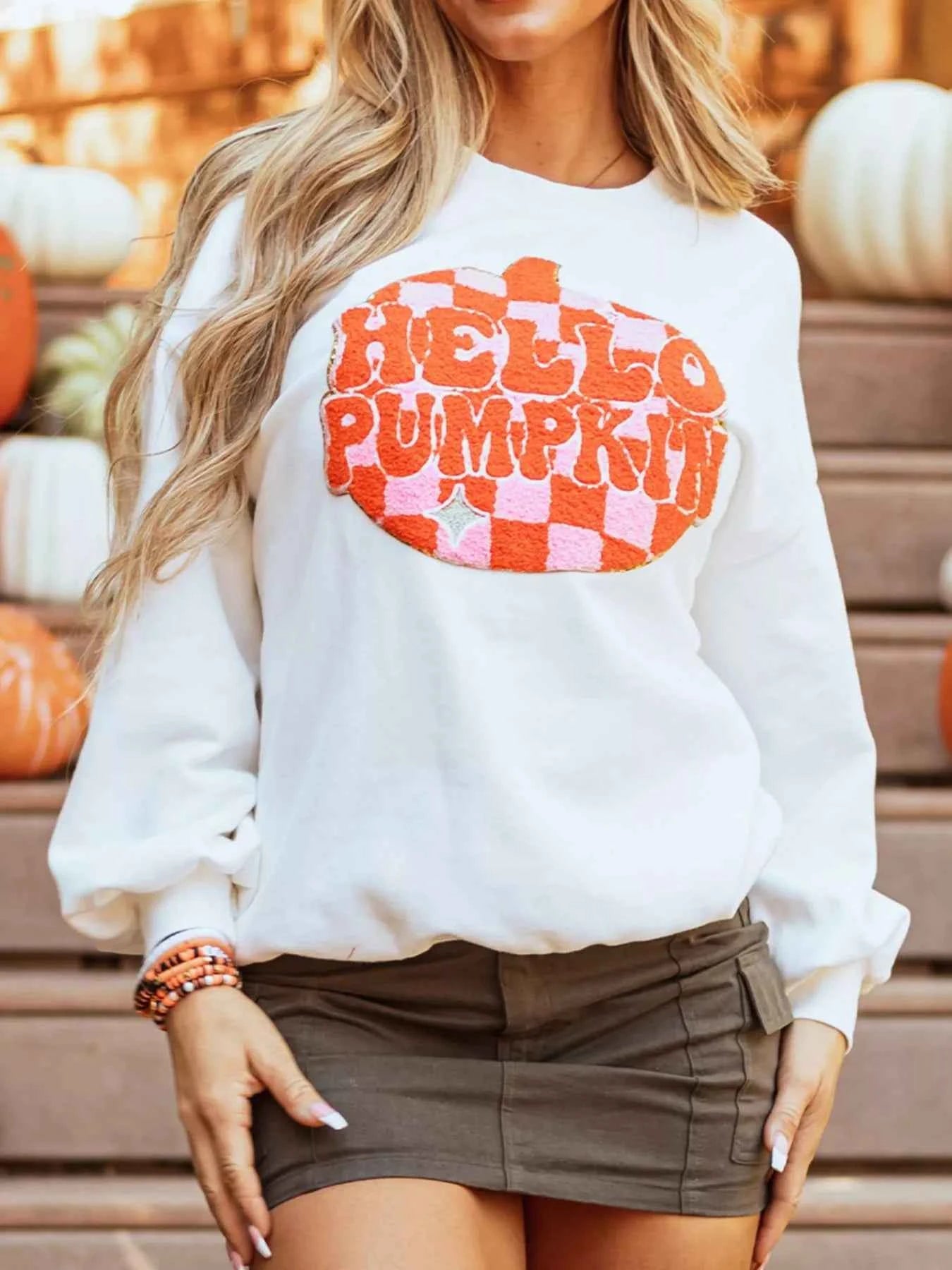 Halloween Pumpkin Patched Pattern Long Sleeve Sweatshirt White 8526a4fb-a0d5-45b5-99fc-fd78ac7247bd-Max-Origin