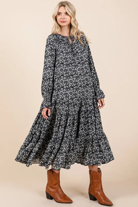 Mittoshop Printed Tie Neck Flounce Sleeve Midi Dress 852ba1d1-2ab2-4991-bf03-8593c7021574-Max
