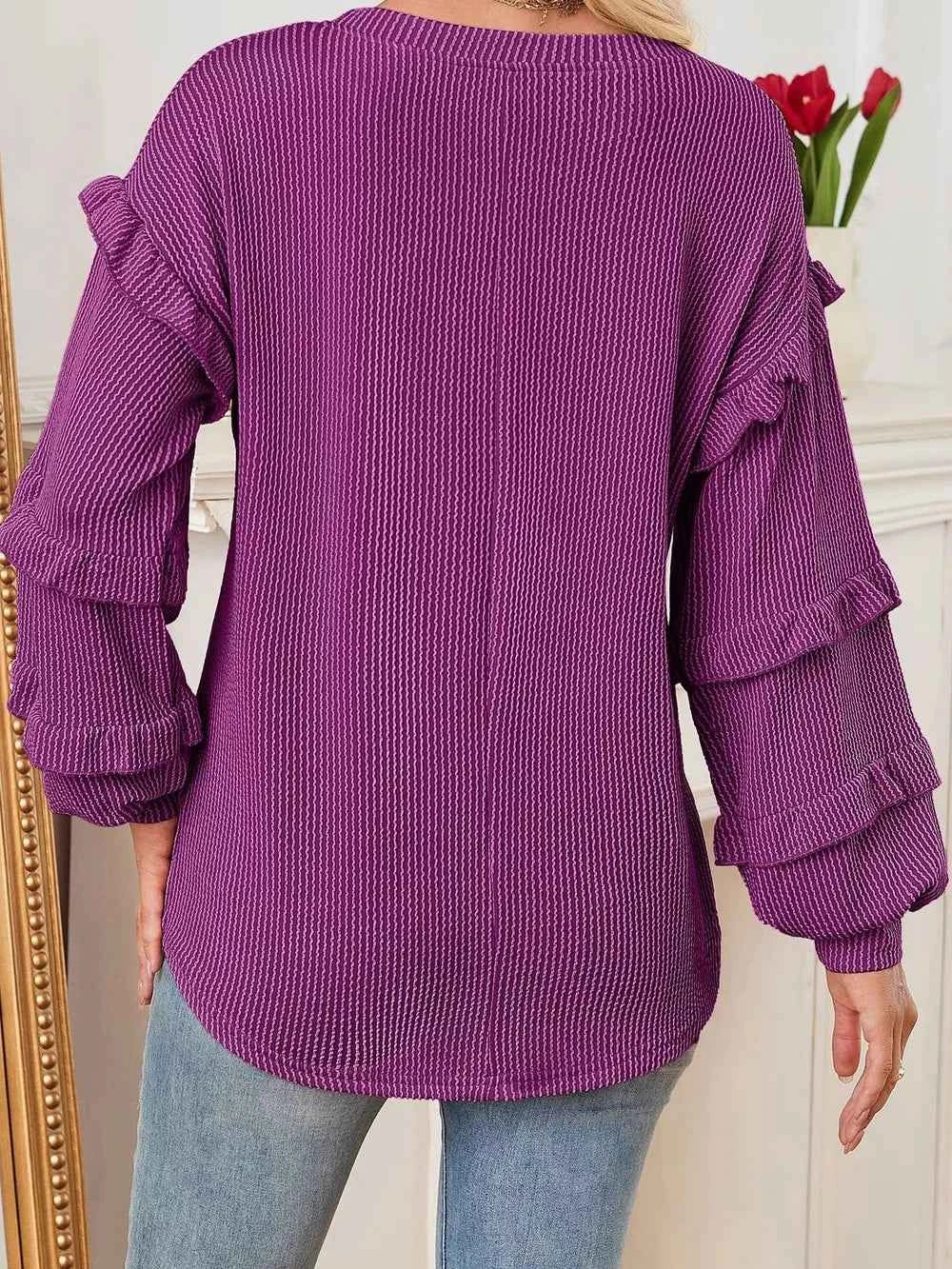 Round Neck Ruffled Long Sleeve Sweatshirt 853270abd02745b08fb0dd75c82daa5f-Max