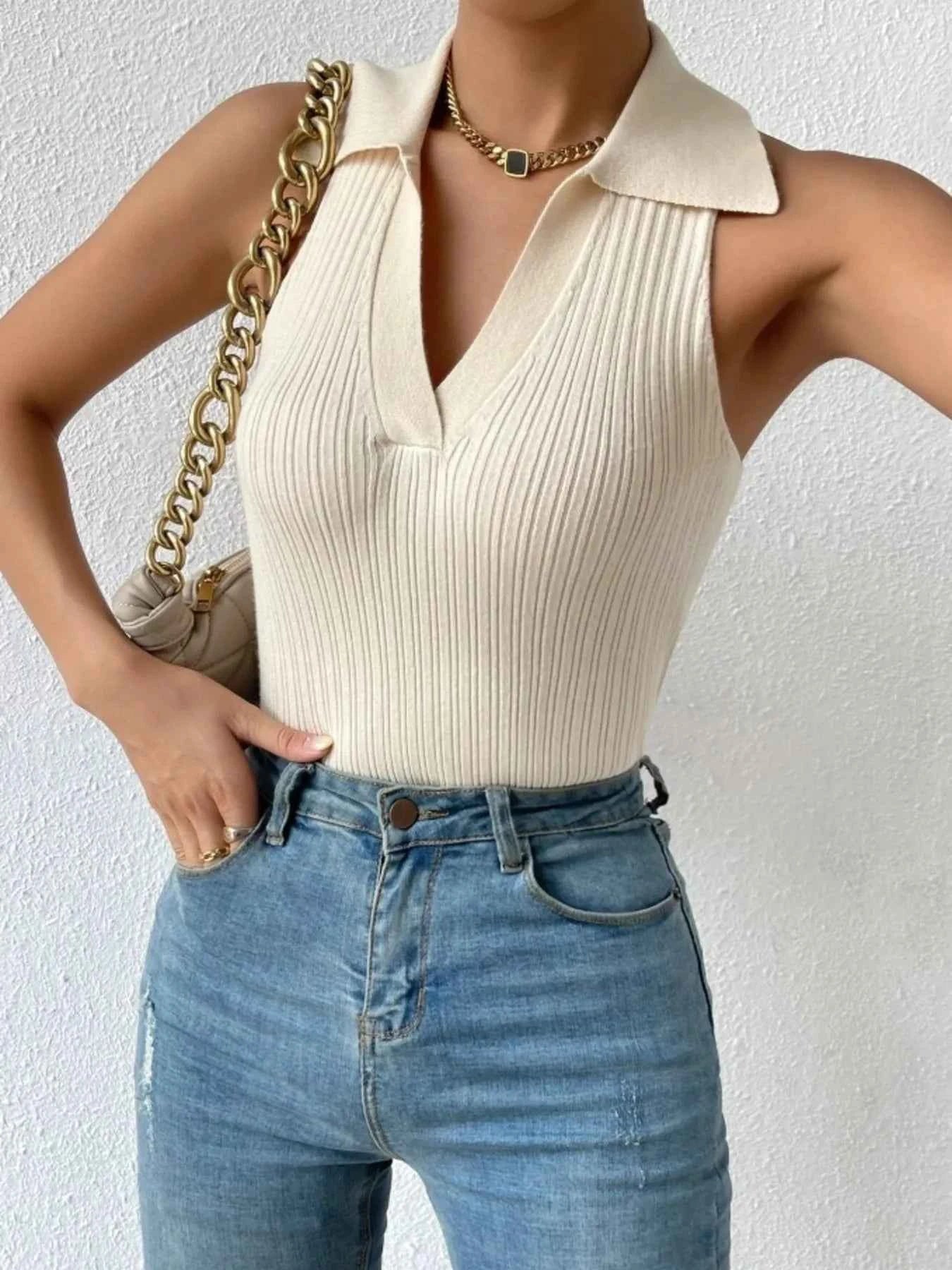 Ribbed Knit Sleeveless Polo Collar Tank Top Beige 856f5ed858a649df8edda3874c3713ca-Max-Origin