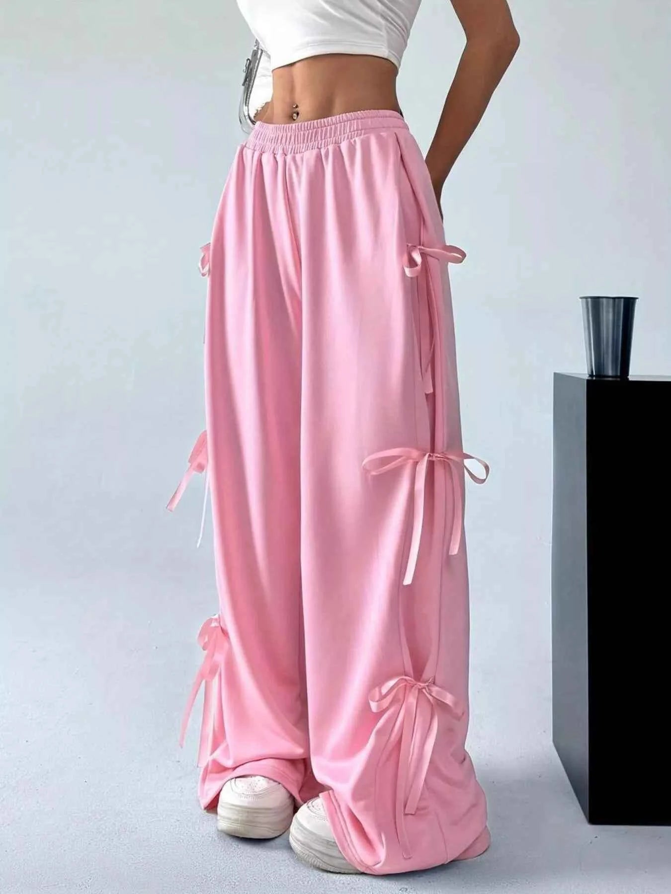 Side Tie Contrast Wide Leg Pants Pink 85b9bbdc883d4dbe88cef0952c8bf5ed-Max-Origin