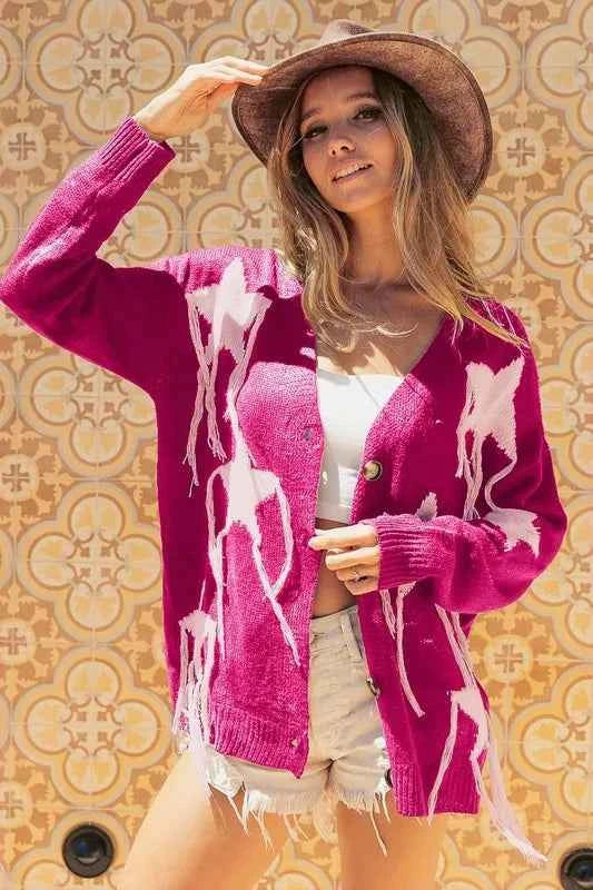 BiBi Fringed Star Pattern V-Neck Knit Cardigan FUCHSIA PINK 85eb1168-db40-4809-b12c-20cf2227c559-Max-Origin