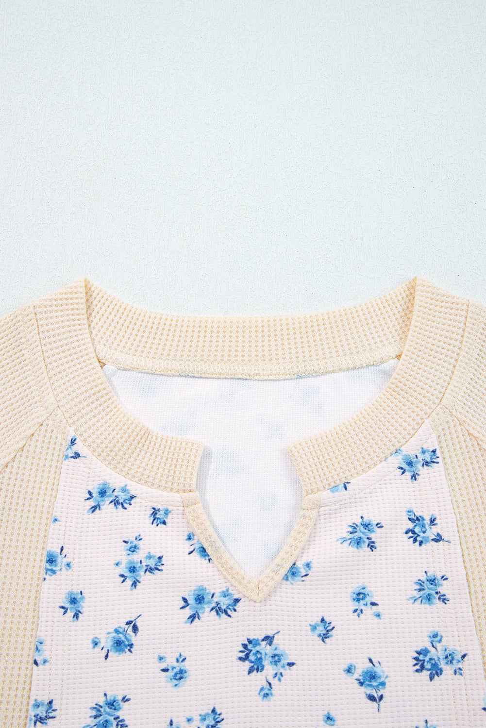 Beige Floral Print Waffle Patchwork Balloon Sleeve V Neck Oversized Top 85f7df6c4d89ddb8