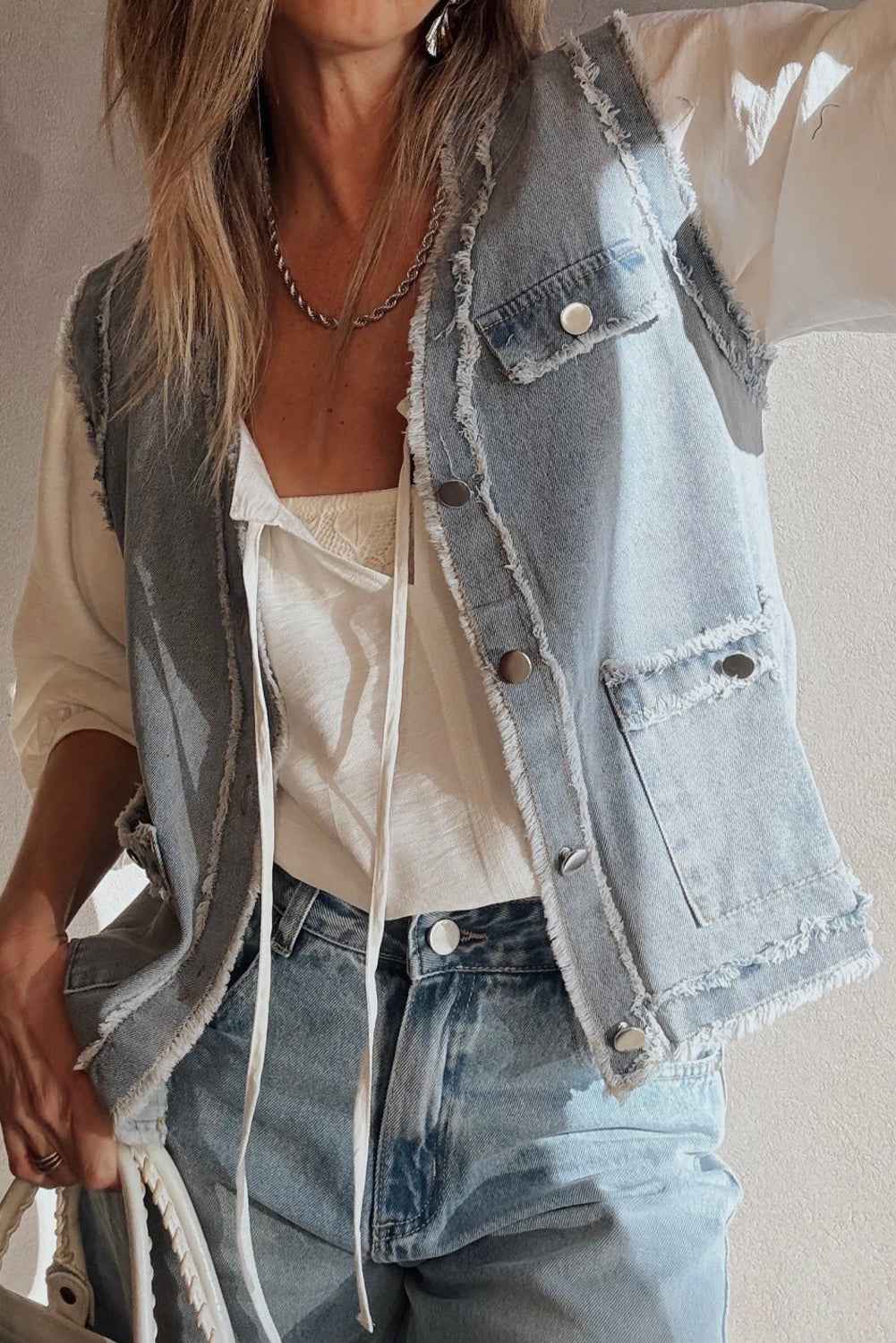 Beau Blue Frayed Edge Flap Pockets Denim Vest Jacket Beau Blue 75%Cotton+25%Polyester 85ffd9f898b24c77