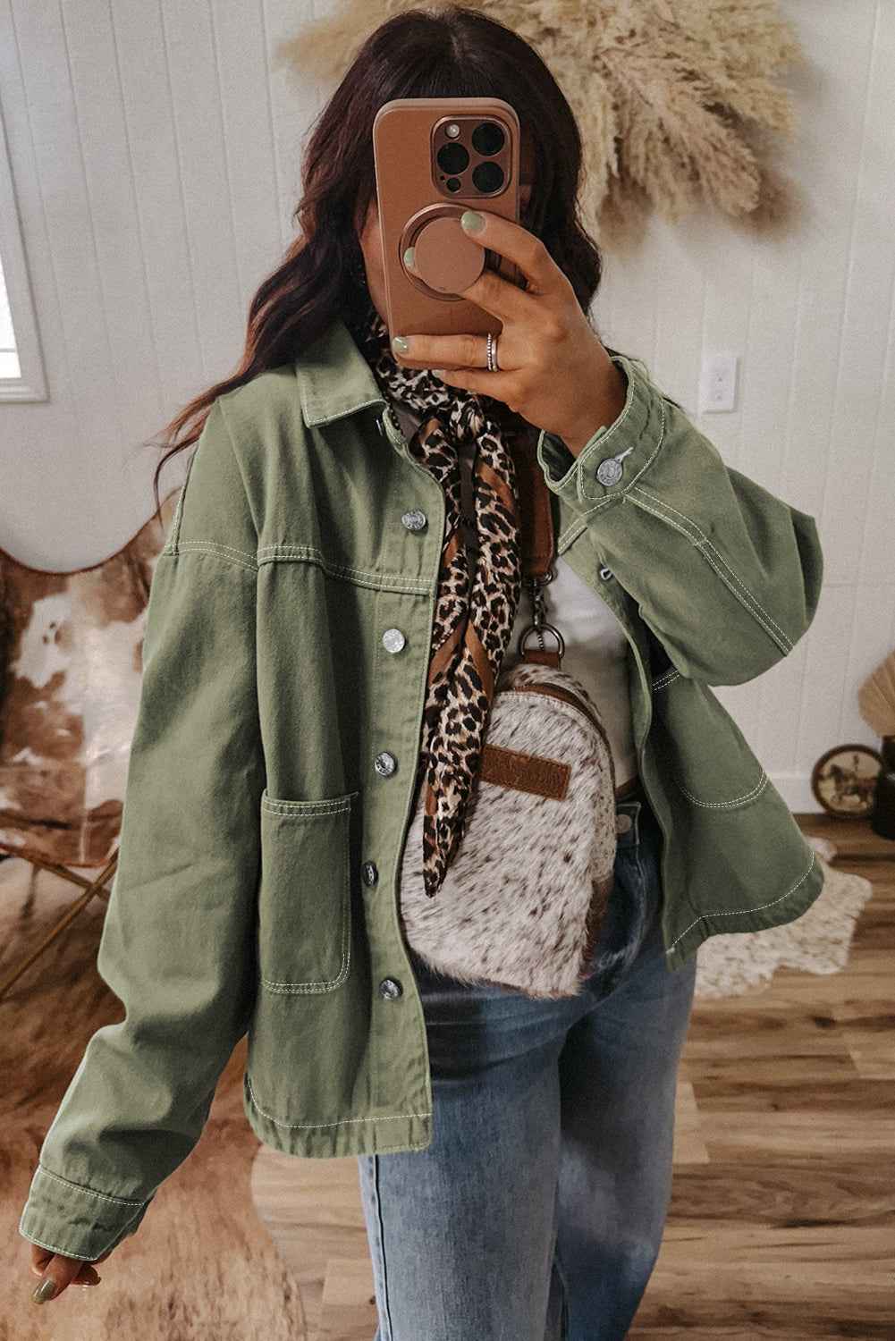 Smoke Green Pocket Collared Button Front Denim Jacket 8624540e39dd6a84