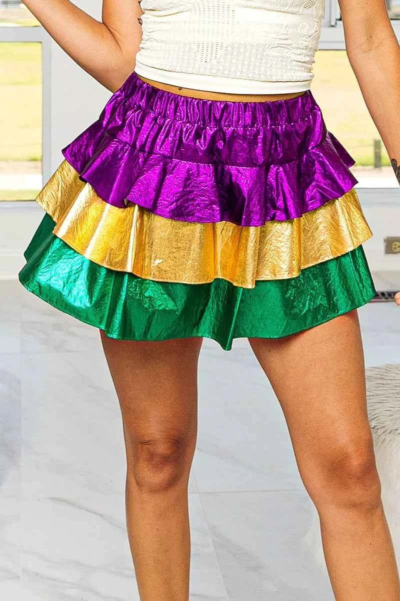 BiBi Mardi Gras Color Block Metallic Tiered Skirt PURPLE MUSTARD GREEN 86430356e0cd4bdcb8cb22e46406ac1e-Max-Origin