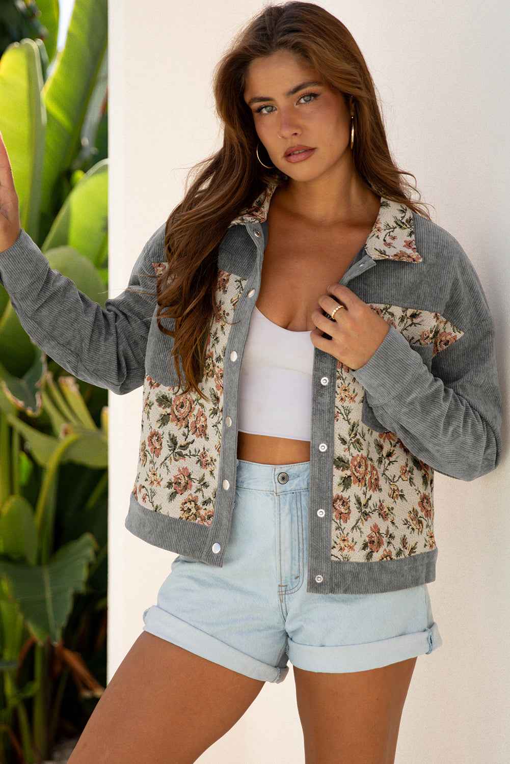 Medium Grey Ribbed Retro Floral Patchwork Jacket 86505a8777d8fe42
