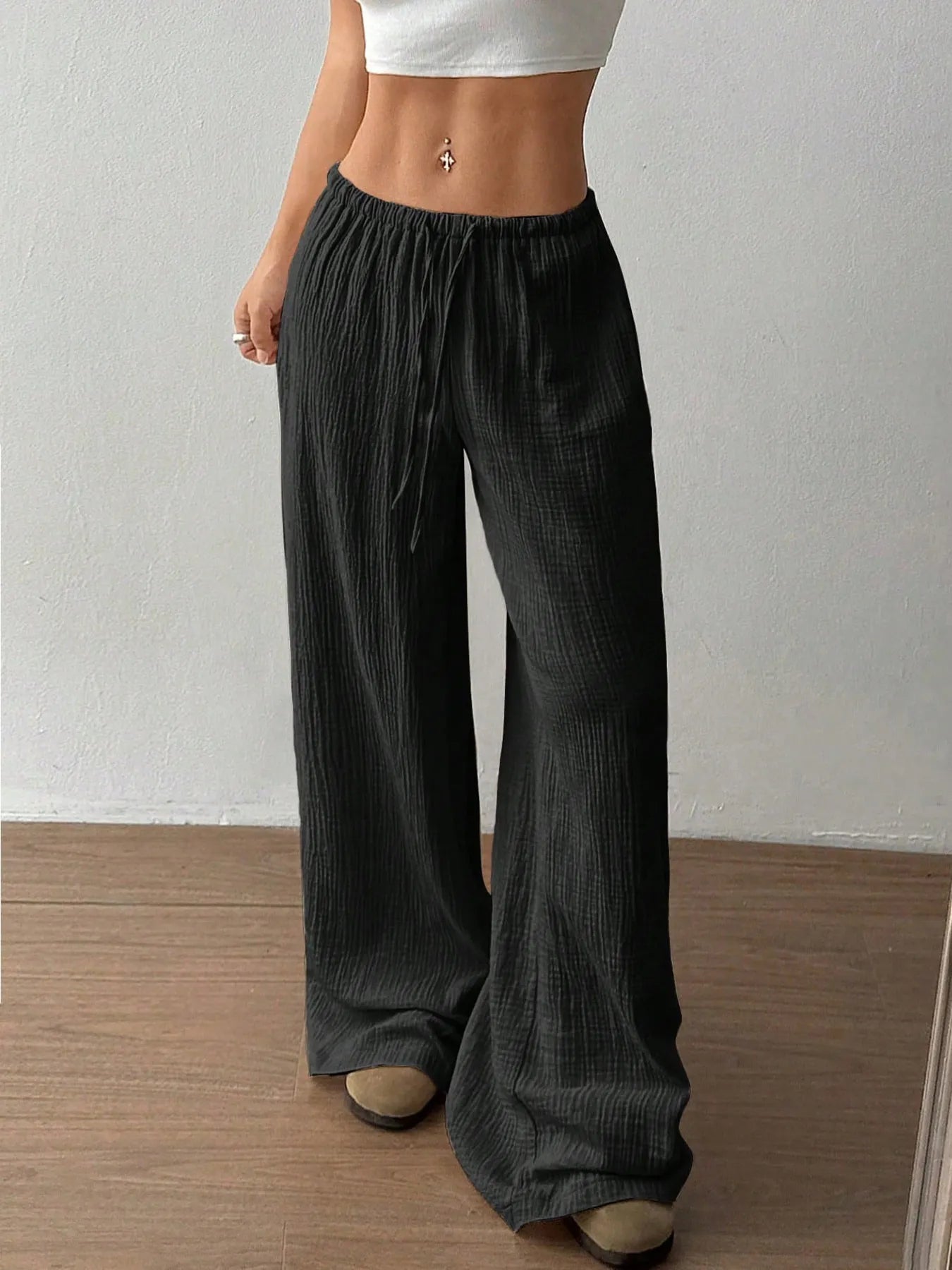 Drawstring Wide-Leg Casual Pants Black 86986e974fbc42df8b3bea33ff0b6206-Max-Origin