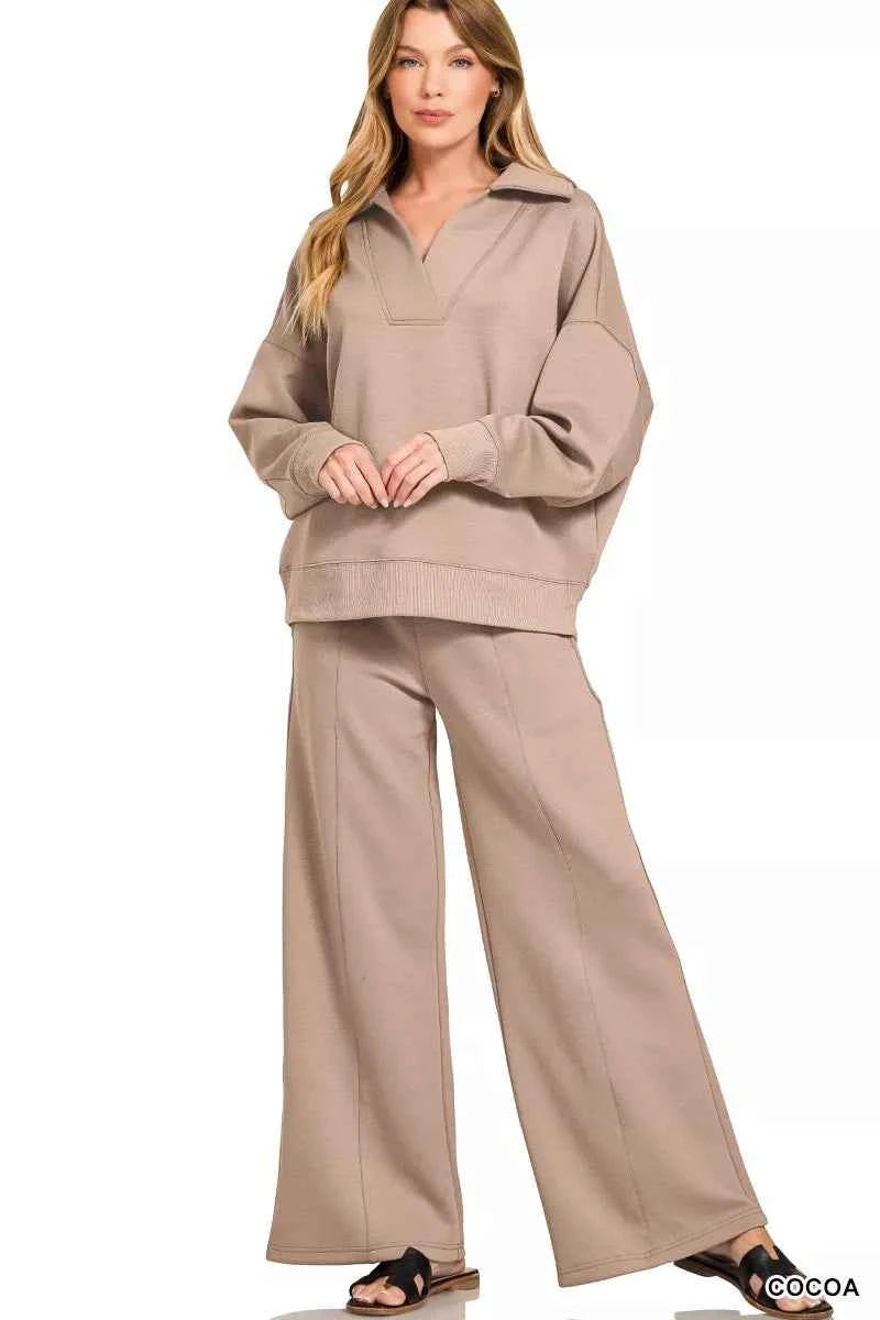 Zenana Scuba Collared Pullover and Pants Set COCOA 86de6f1785ff4128b63fca3cc5e4032e-Max-Origin