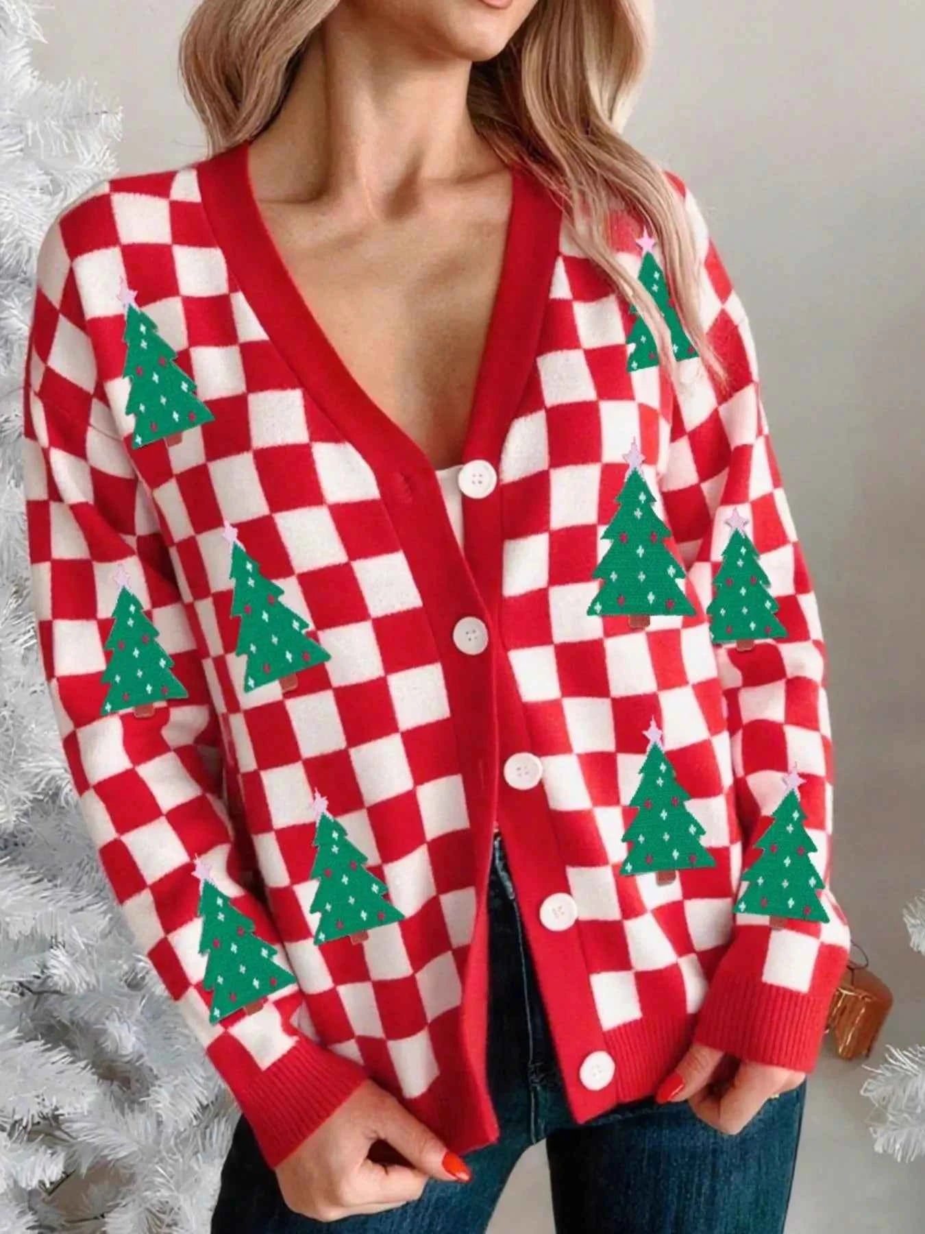 Christmas Tree Pattern Checkered Button V Neck Cardigan Deep Red 86e3d47e-67d5-41ac-9e55-a9444c088f47-Max-Origin