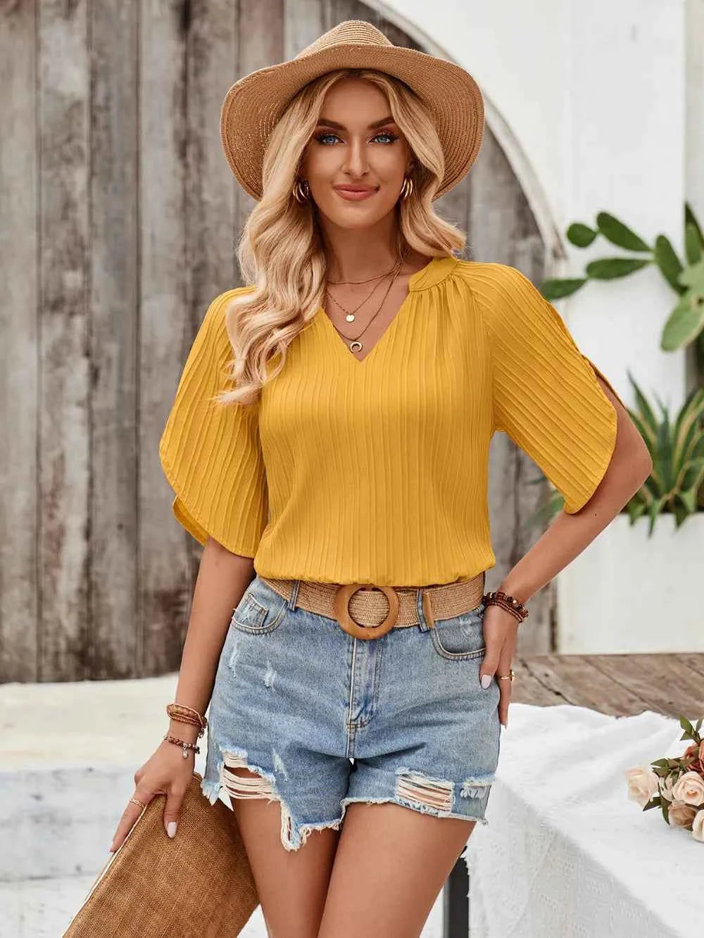 Notched Slit Half Sleeve Blouse 86e56680-ddf7-4f03-9032-4dcb926195d3-Max