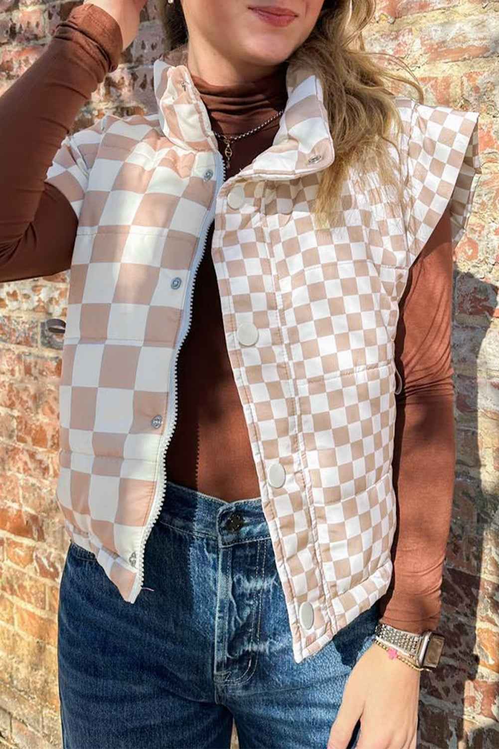 Khaki Plaid Stand Neck Button Down Vest Khaki Shell:100%Polyester+Lining:100%Polyester+Filling:100%Polyester 86e919ab14e93c21