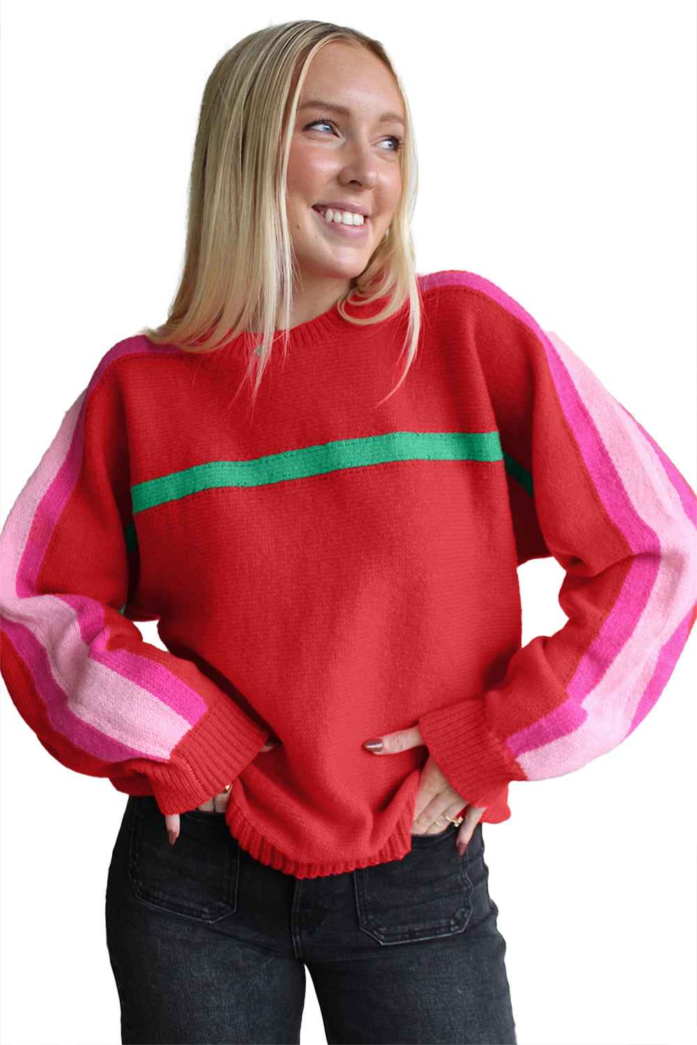 Fiery Red Colorblock Striped Long Sleeve Knit Sweater 871120b6381560b3