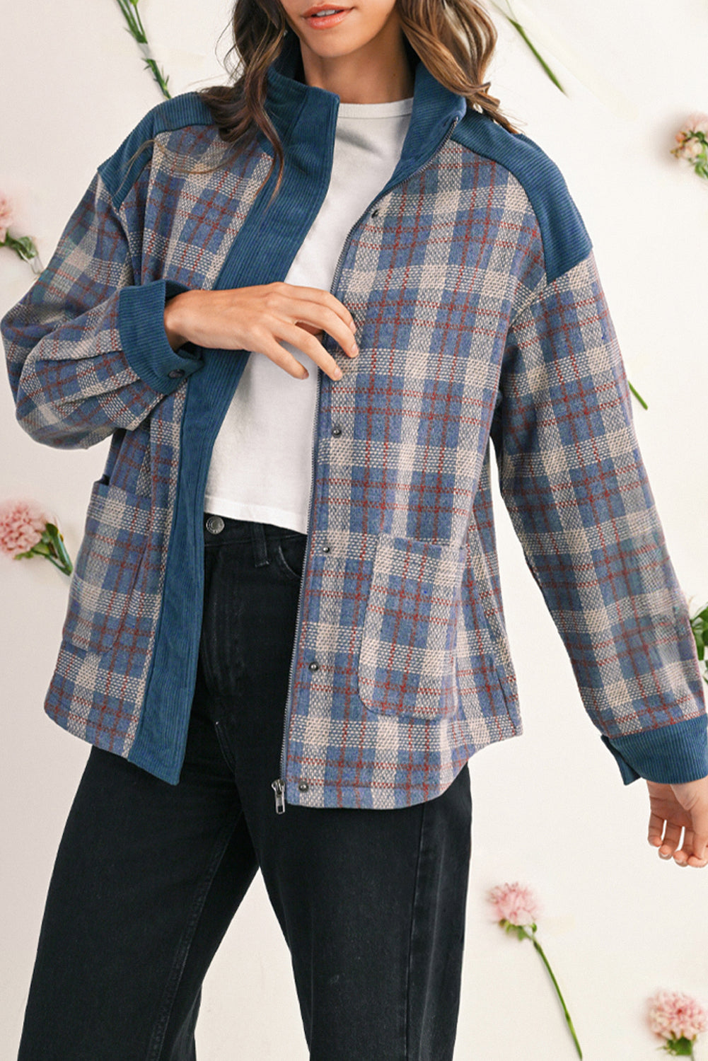 Gray Plaid Corduroy Patchwork Collared Zip Up Snap Button Jacket 87279a7d2a1cc4e6
