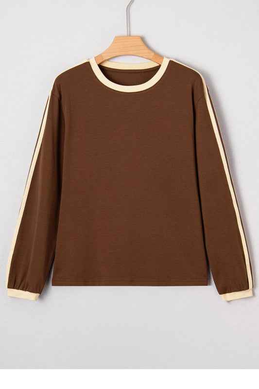 Varsity Stripe Crew Neck Long Sleeve Top Dark Brown 874e501c-cbb8-4820-8b6f-b0ebc26d52ea