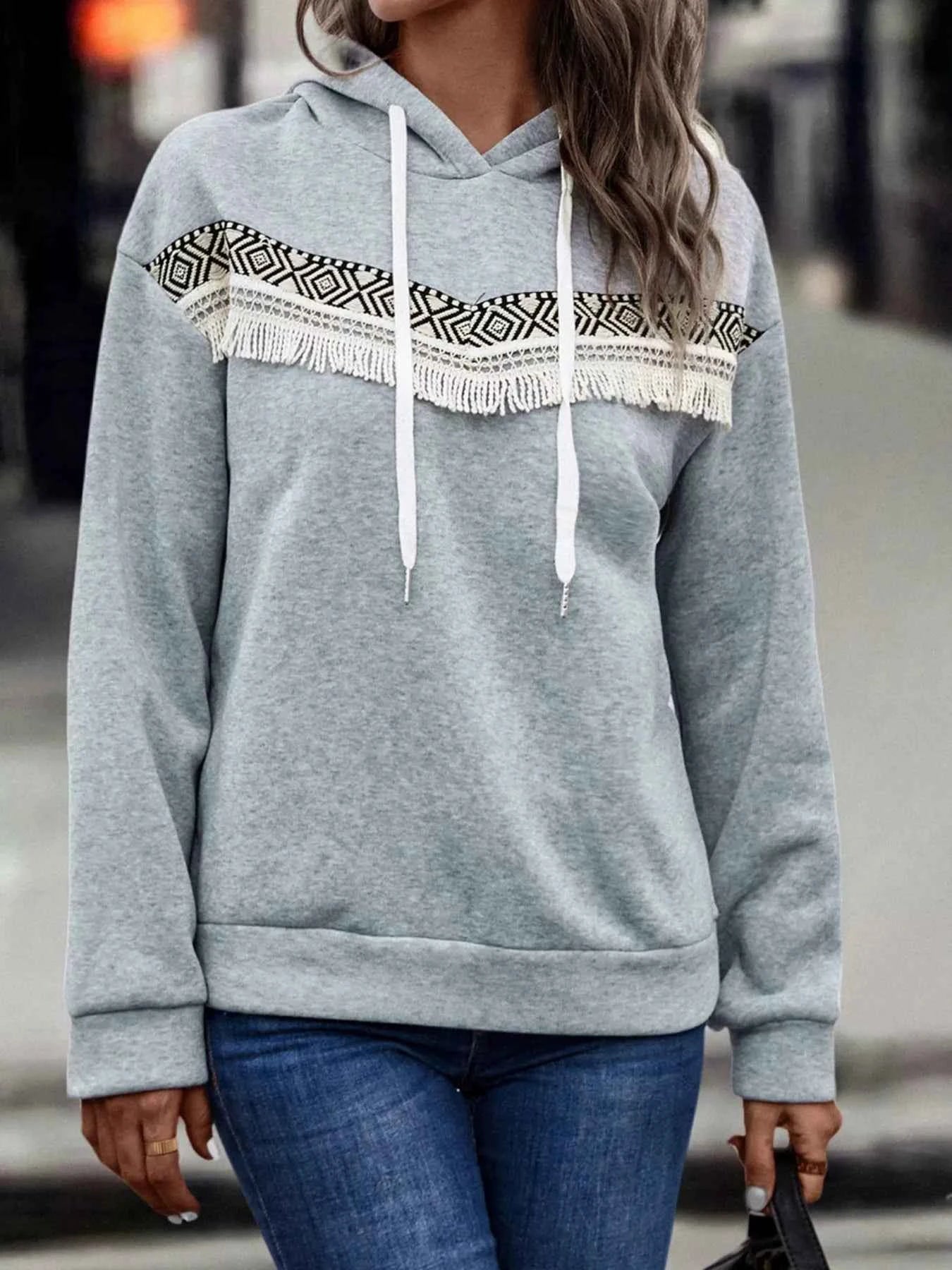 Fringe Detail Long Sleeve Drawstring Hoodie 875bcac4-3fb2-430f-87c9-95484bdffb87-Max-Origin