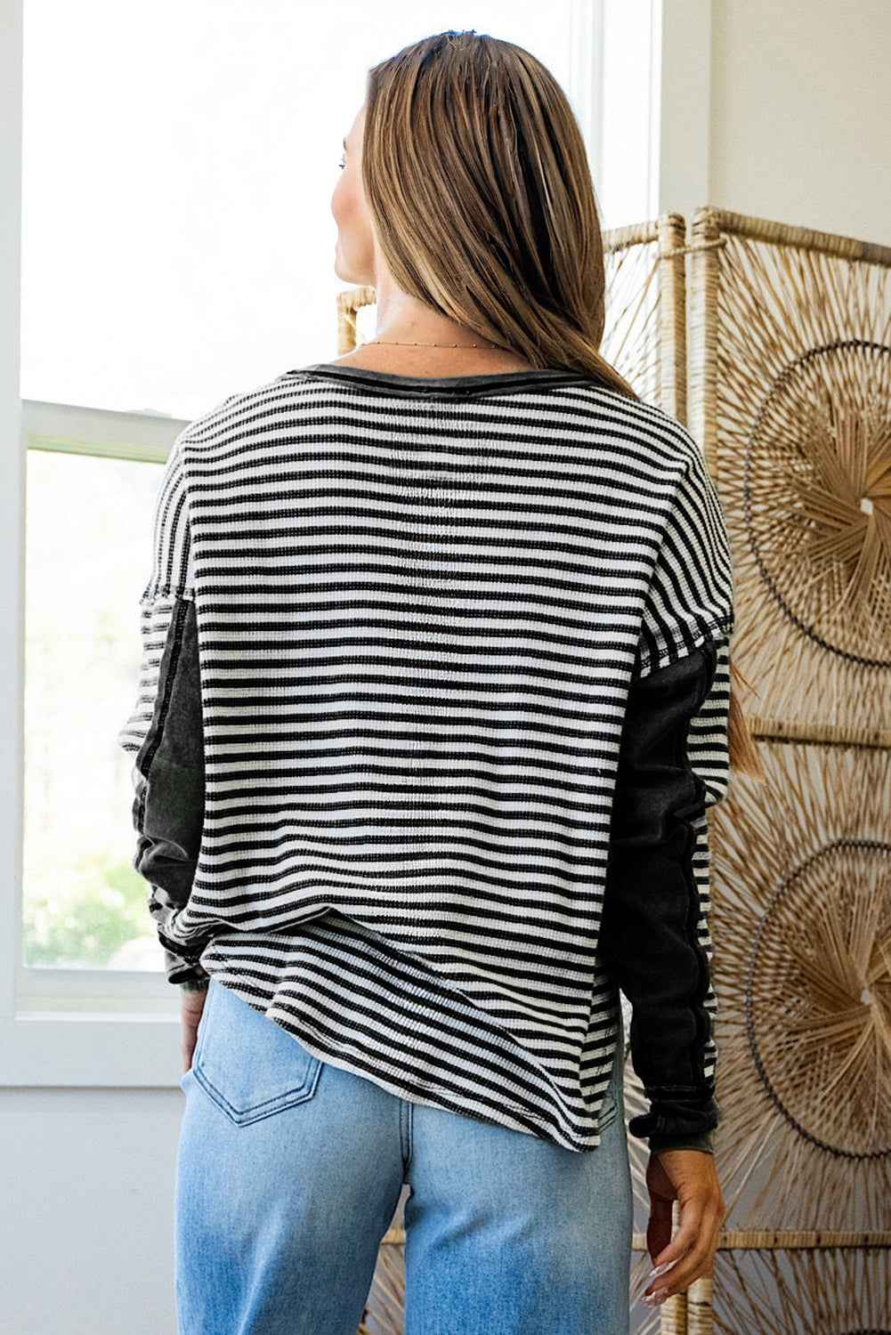 Khaki Stripe Patchwork Knit Drop Shoulder Top 87dcc19bbd50f0cc