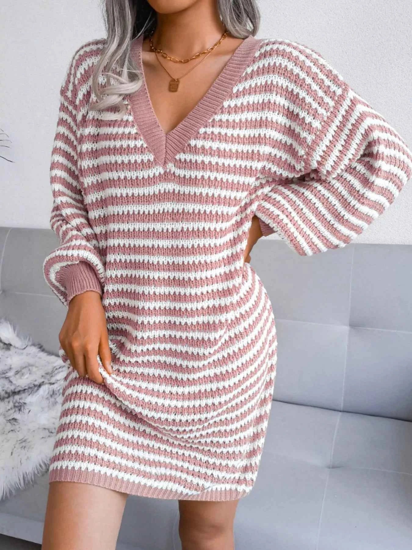 Striped V-Neck Long Sleeve Sweater Dress 882126a9-3c6e-4d26-a1e1-0c973d3656c6-Max-Origin