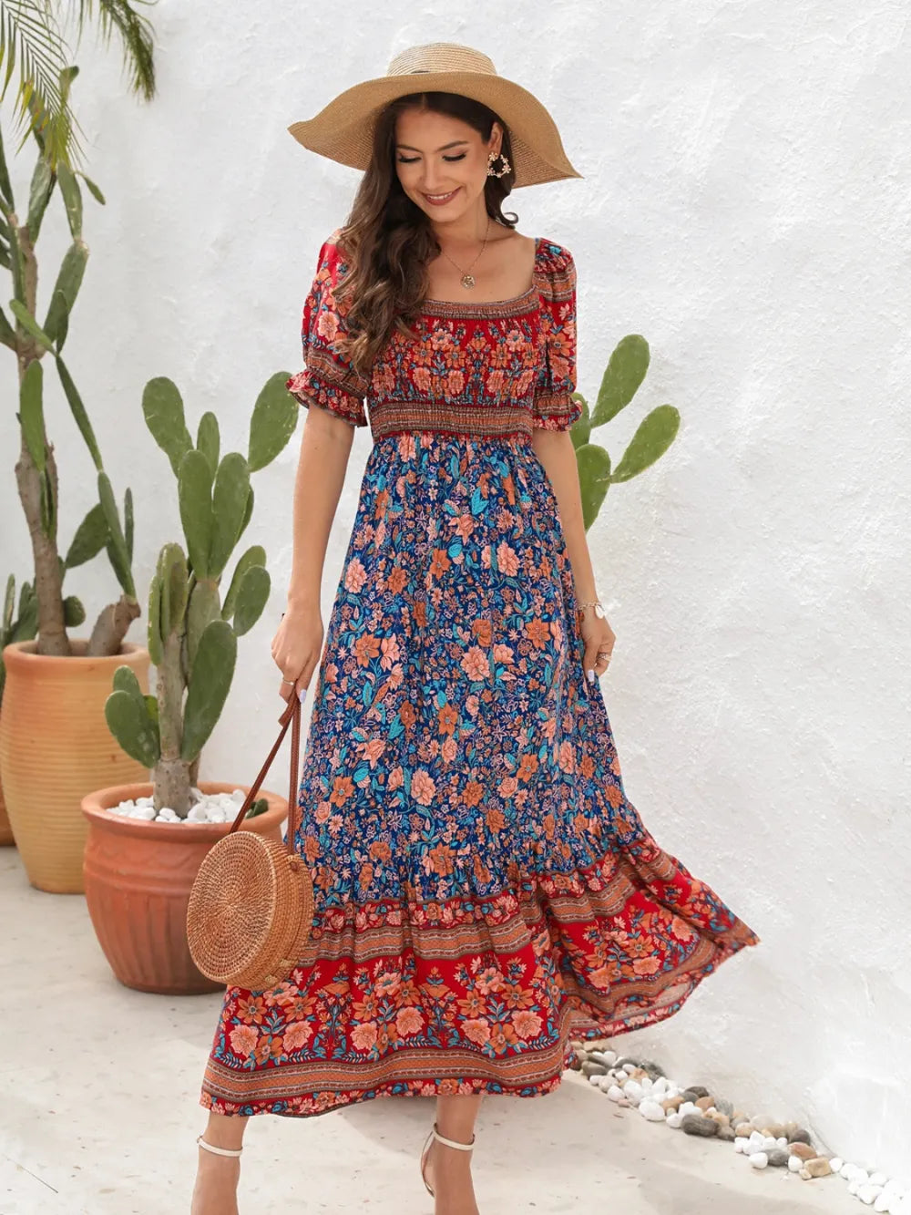 Floral Flounce Sleeve Midi Dress Dark Blue 88228b05-c24a-4509-8f53-1d617069b827-Max