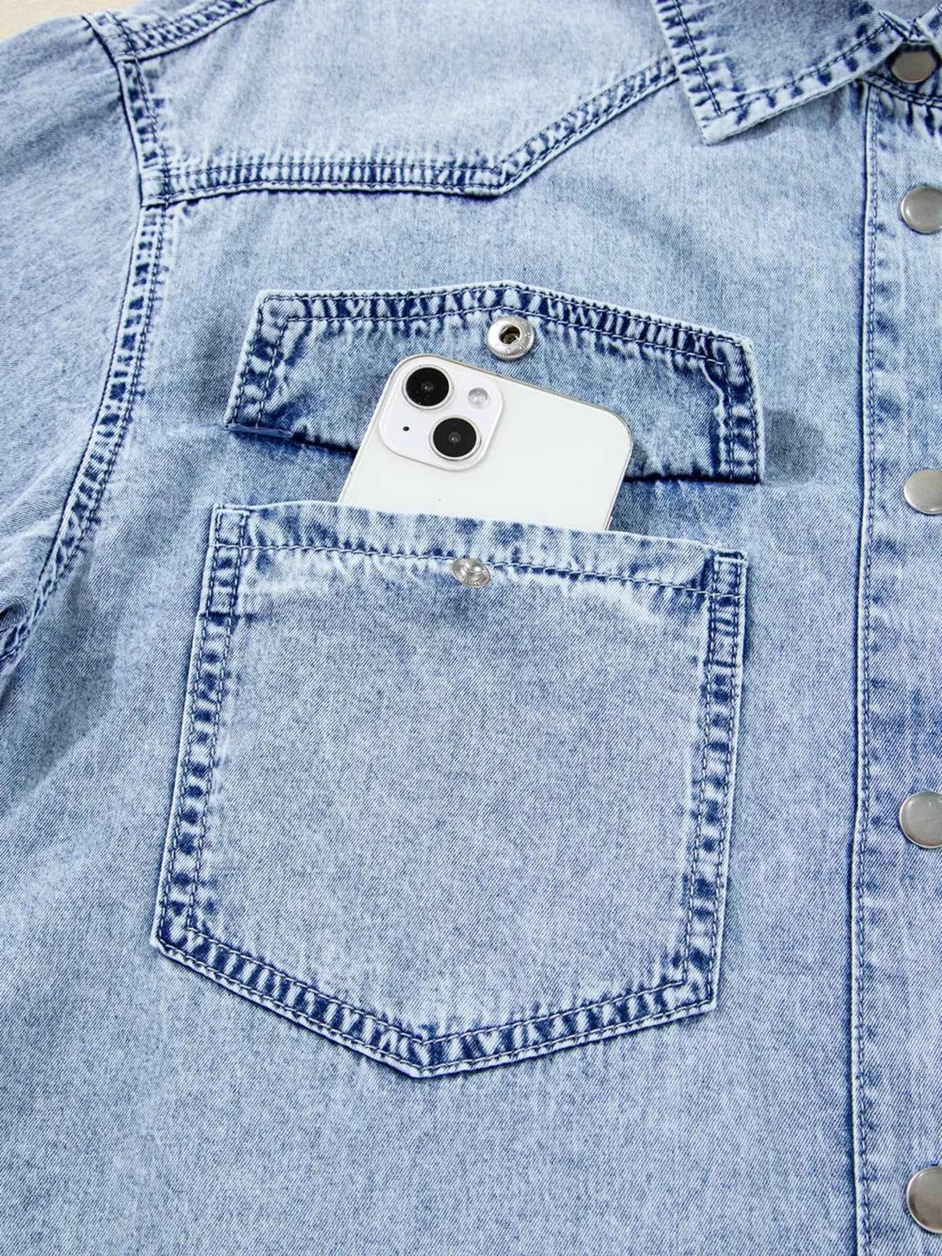 Chest Pocket Raw Hem Denim Loose Shirt Dress 884c6c329a7042af990448e2345aa199-Max-Origin