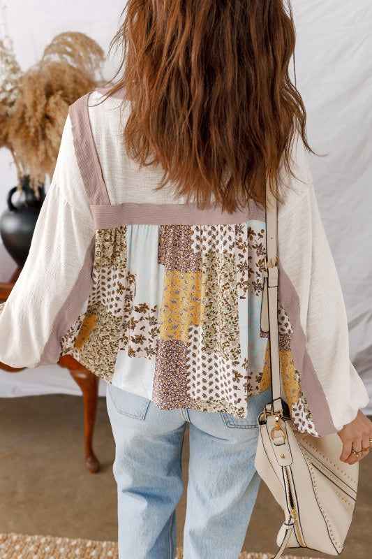 Floral Patchwork Long Sleeve Blouse 88d21132-5c7e-4448-af10-c43485551898