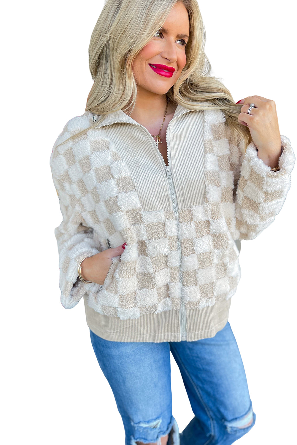 Khaki Checkered Sherpa Corduroy Patchwork Zip-up Collared Jacket Khaki 100%Polyester 88d77fd9bd120bcb