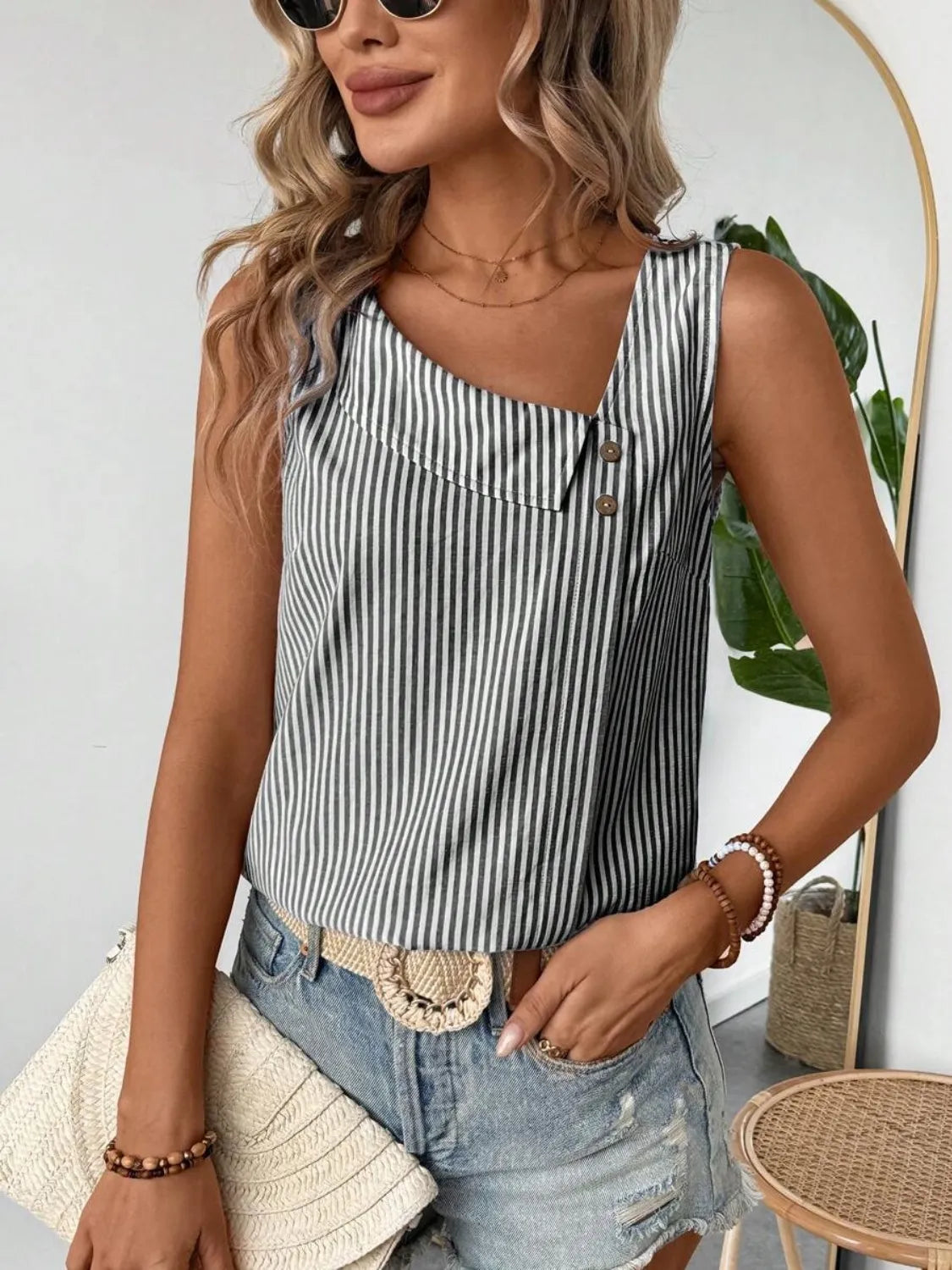 Decorative Button Asymmetrical Striped Tank Dark Gray 88e6f3f3-b146-4298-948c-8d4295728506-Max-Origin