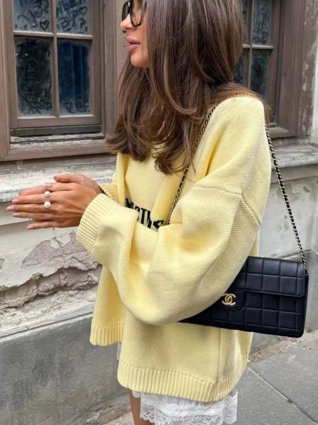 Letter Ribbed Hem Long Sleeve Sweater Light Yellow 893f0791-91ad-4f3a-a569-d0f33fb52548-Max-Origin