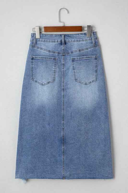 Denim Distressed Midi Skirt 8955fdc9-e3b8-4d43-a3f5-2e18b6fce736