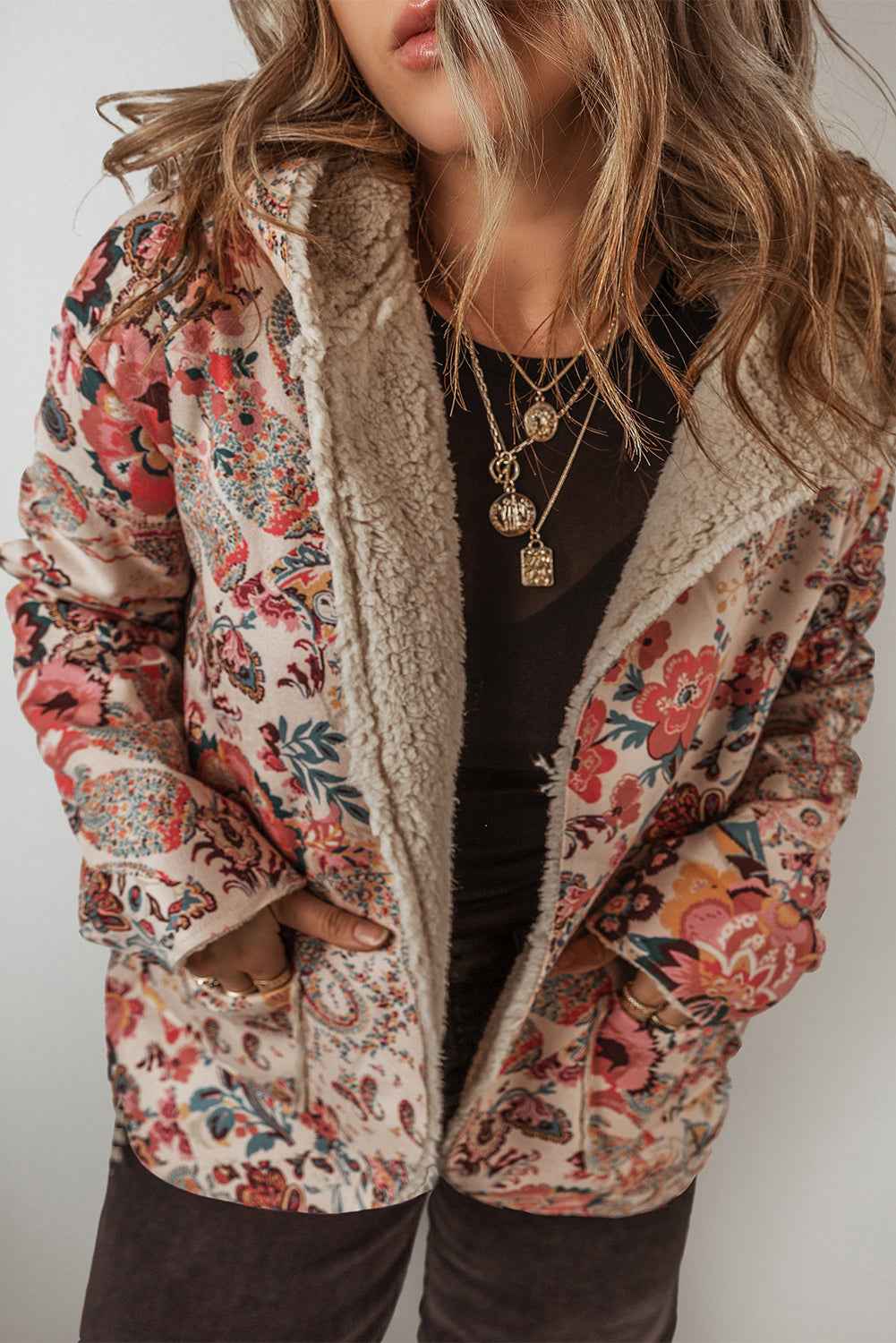 Beige Vintage Paisley Floral Printed Sherpa Lined Hooded Jacket Beige 100%Polyester 89b9524b52ff3fd2