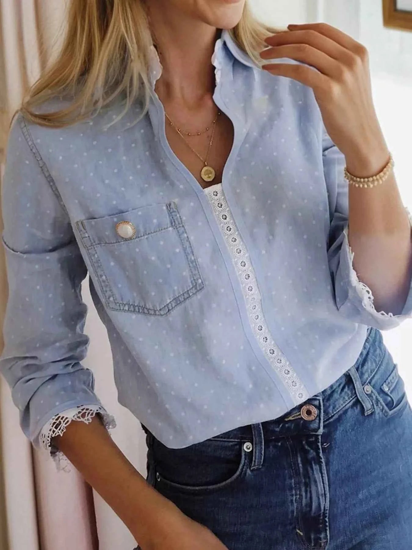 Lace Trim Patchwork Dotted Print Collared Blouse 89d15e36a5fe456db8f4d2ed6708614b-Max-Origin