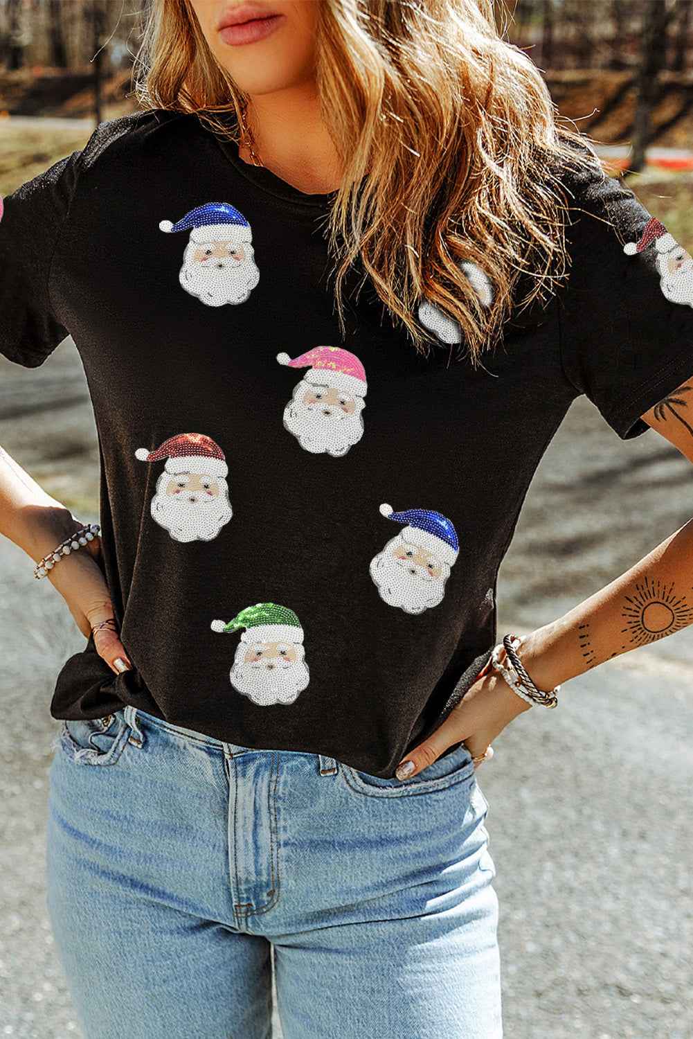 Black Father Christmas Graphic Sequins Patch T Shirt Black 62%Polyester+32%Cotton+6%Elastane 8a1649a550da352e