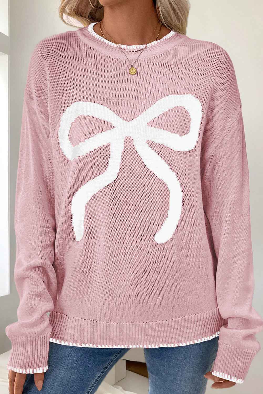 White Sweet Bow Long Sleeve Knit Sweater 8a4abf7bebf4a232