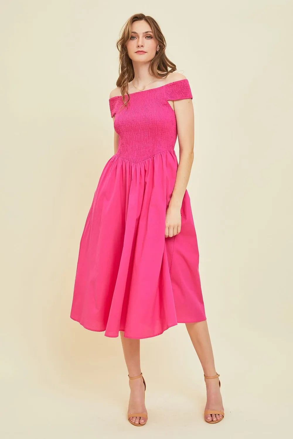 HEYSON Off-Shoulder Smocked Midi Dress Fuchsia 8a70811e-46b3-4935-8716-82c9e680a0f1-Max