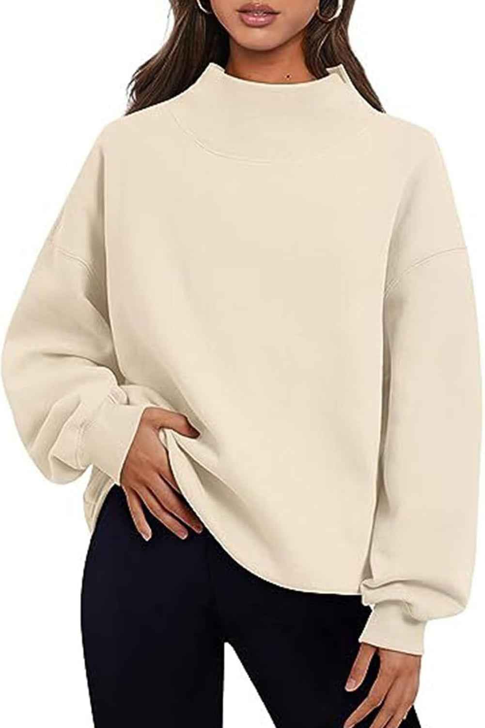 Chicory Coffee Solid Color High Neck Long Sleeve Loose Sweatshirt Apricot 95%Polyester+5%Elastane 8aa0cccb83f60cf3