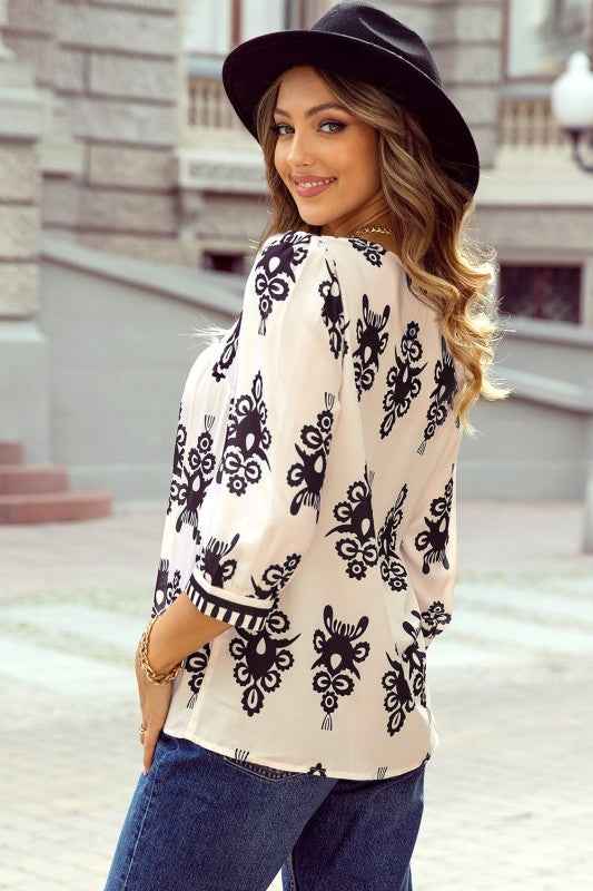 Vintage Geometric Printed V Neck Blouse 8b285bc5-55fd-4351-a378-dc7511b7fae5