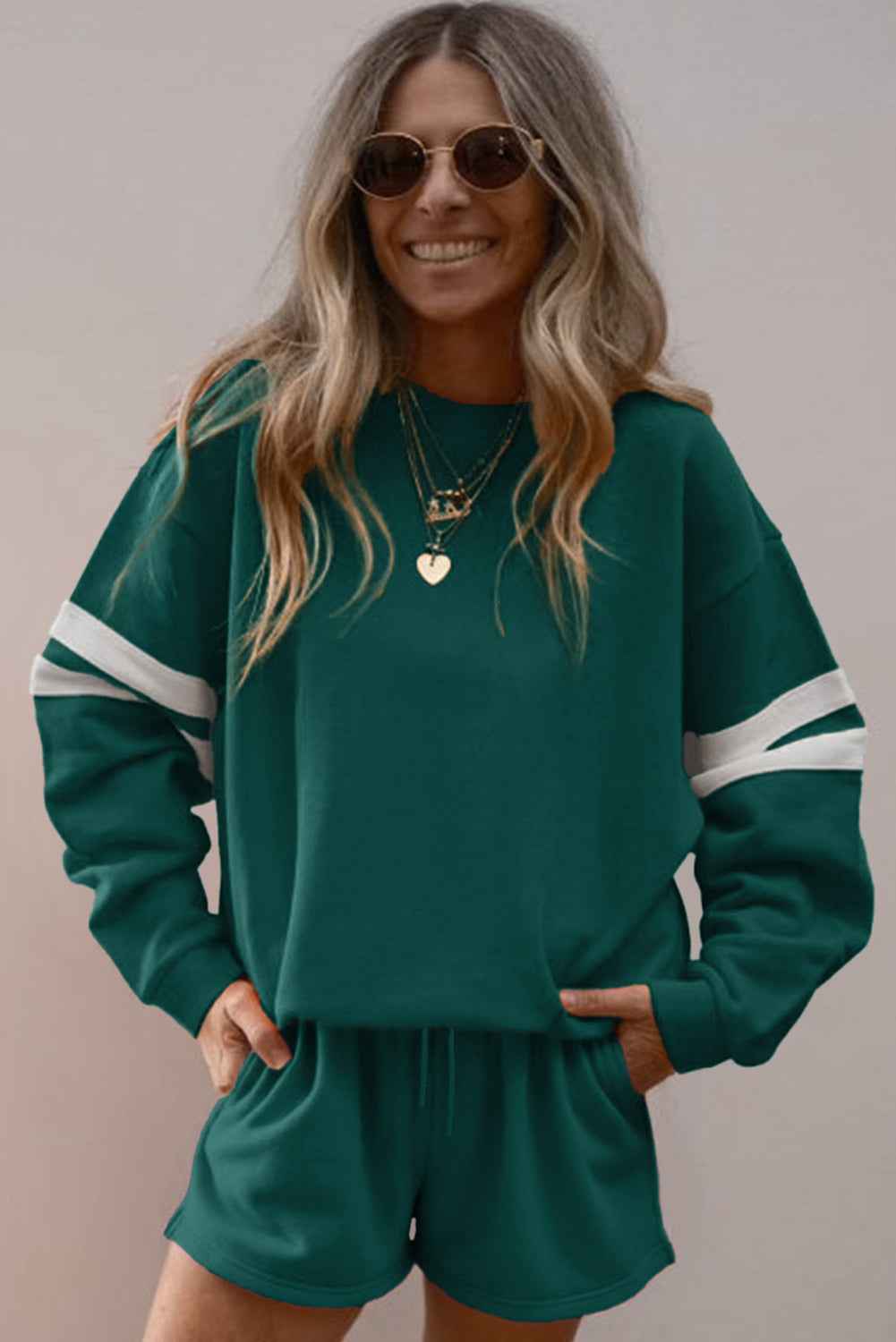 Evergreen Varsity Striped Sleeve Drop Shoulder Sweatshirt and Shorts Set 8b4259bc9efa231b