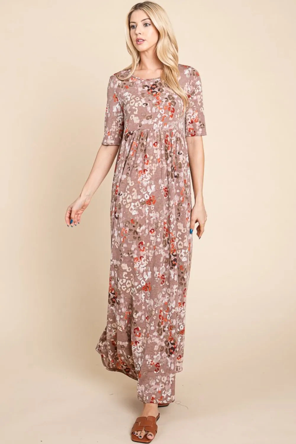 BOMBOM Printed Shirred Maxi Dress Mocha 8b48df15-cf5e-47a8-80ee-e9809dfe0a78-Max