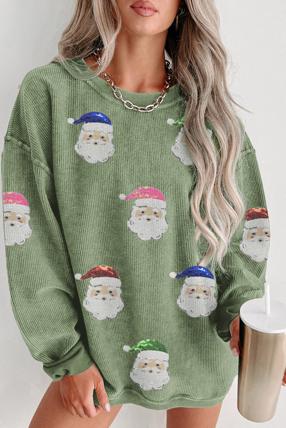 Grass Green Corded Ribbed Santa Claus Graphic Sequins Patch Sweatshirt 8bb26a3942134558