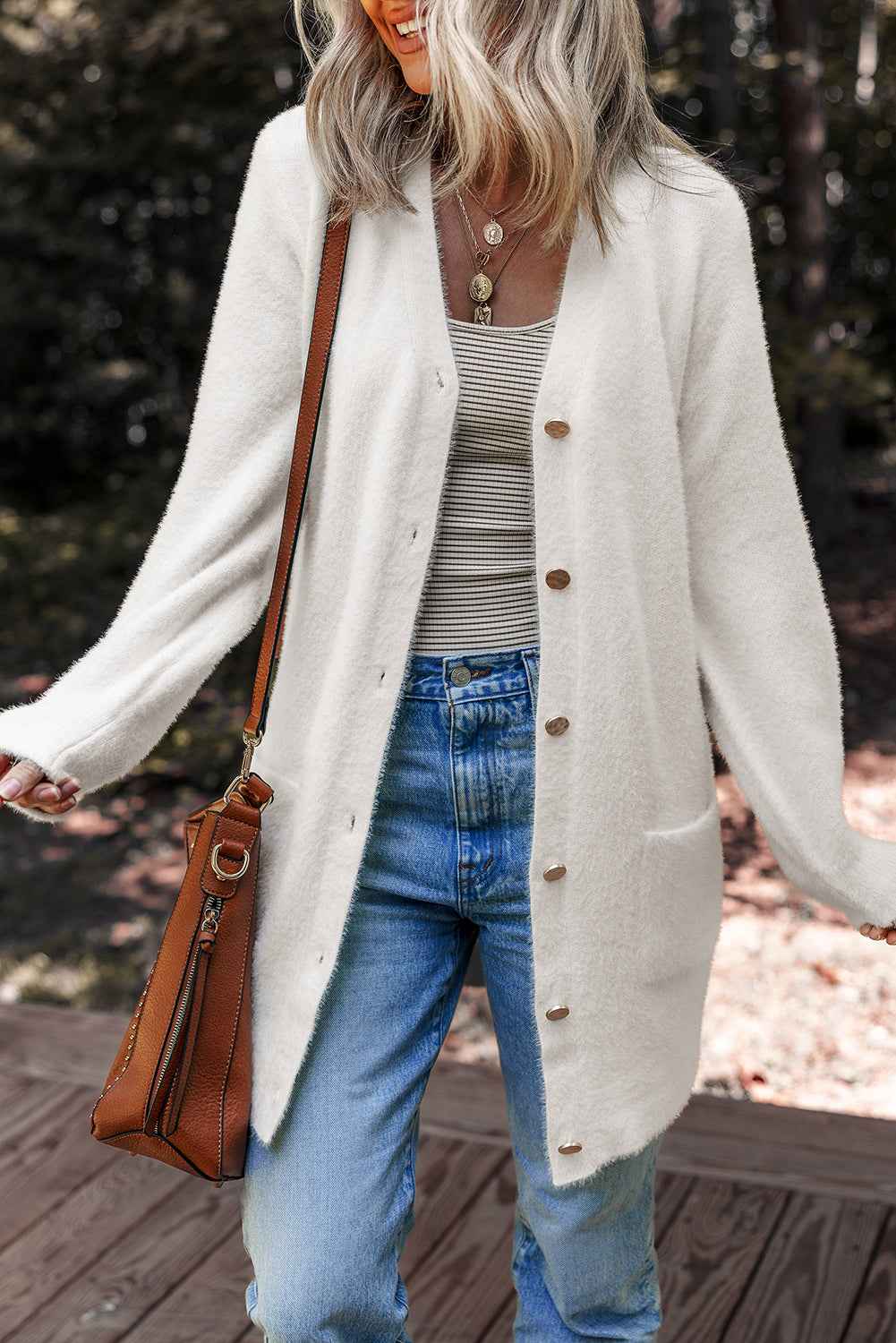 White Fuzzy Buttoned Front Midi Solid Cardigan 8bb2ccbc81ad259b