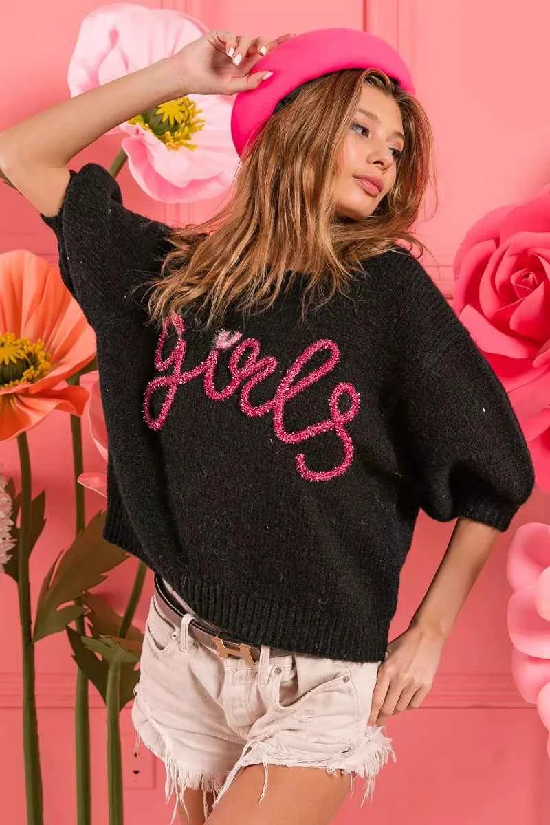 BiBi Metallic Letter Short Puff Sleeve Hairy Sweater