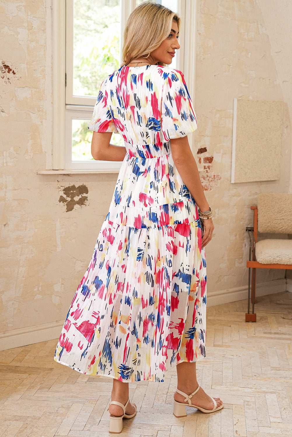 Sky Blue Abstract Print Short Puff Sleeve Tiered Maxi Dress 8c4757a7530a077e-_10
