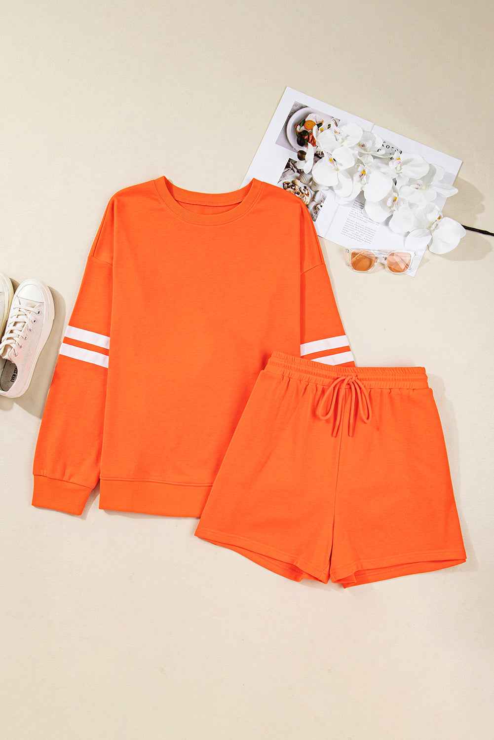 Orange Plus Size Varsity Striped Sleeve Sweatshirt and Shorts Set 8c5500189dc6ac6c