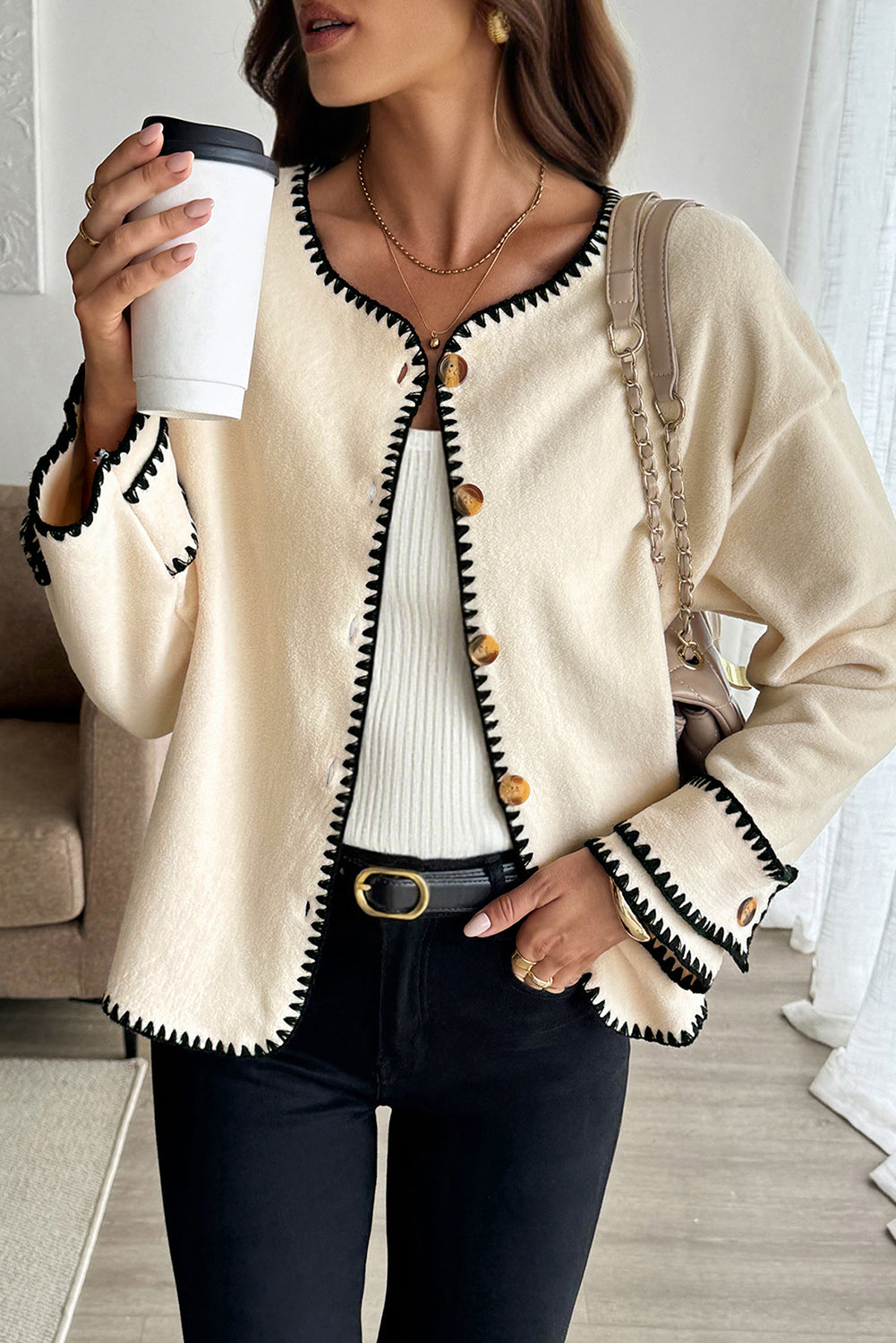 Apricot Contrast Trim Button Front Jacket Apricot 100%Polyester 8c651dc95cbcea18